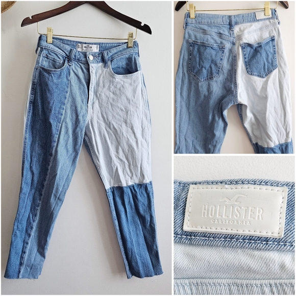 Hollister Curvy High-Rise Mom Jeans 3S W26 L25 | Colorblock Patchwork Denim - Picture 1 of 13